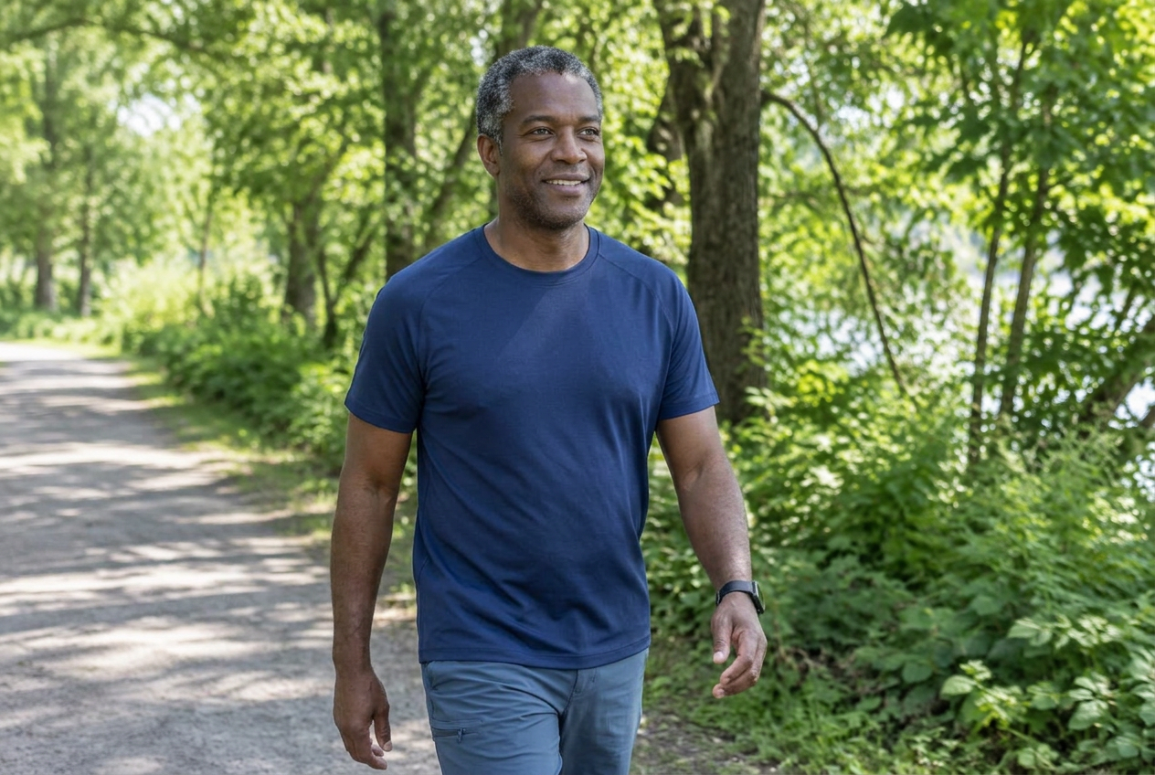 Man walking along a leafy park trail