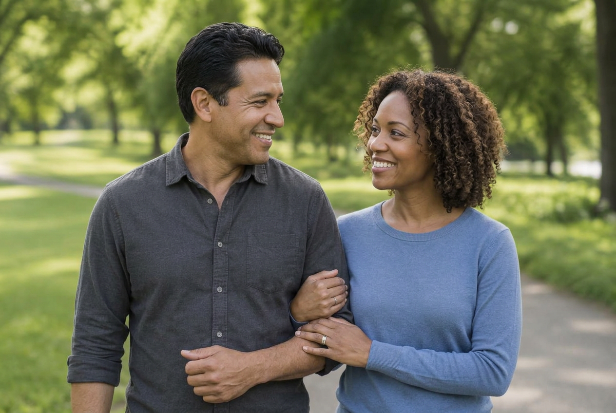 Couple enjoying a walk together in a park