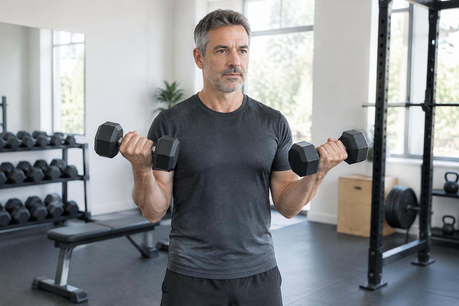 Man performing a dumbbell exercise in a bright gym