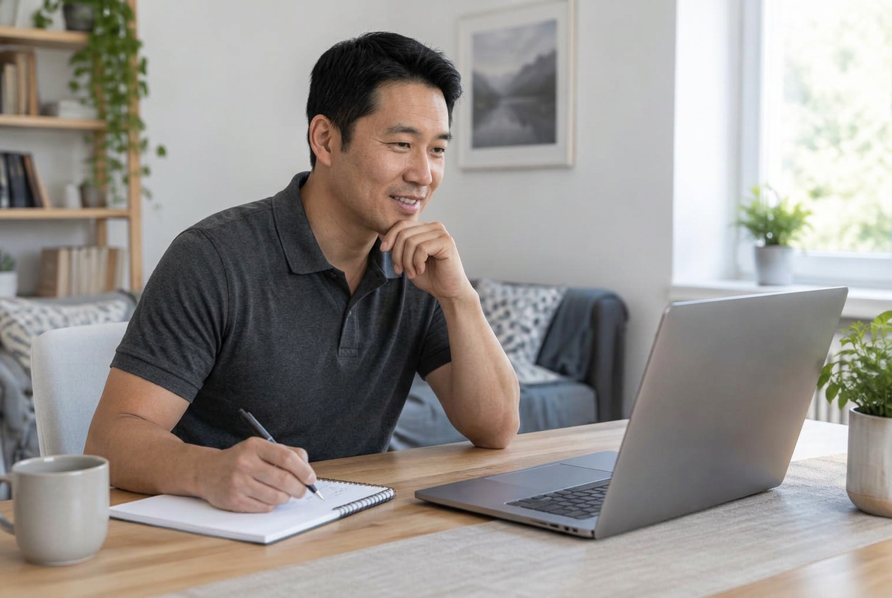 Man at home with a laptop, notebook and pen for a virtual consultation