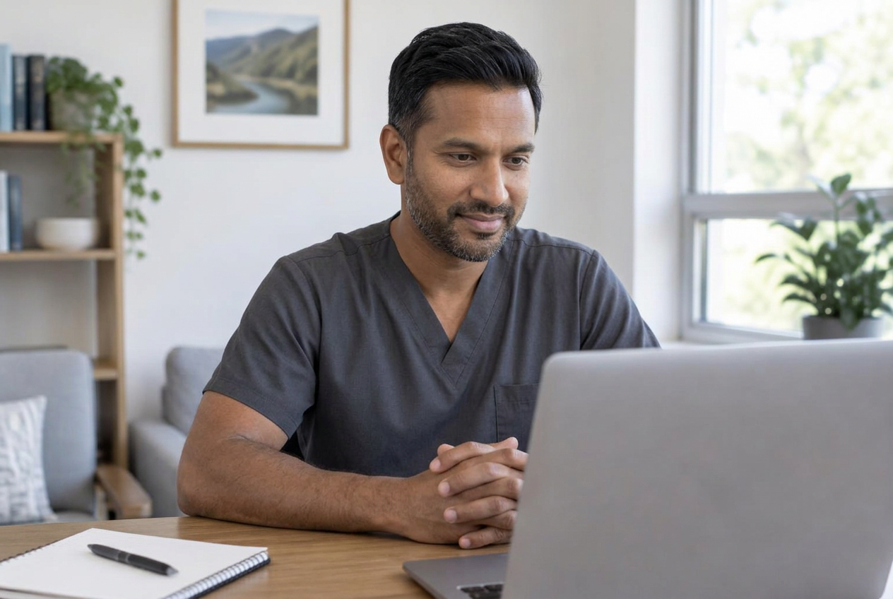 Healthcare professional seated at a laptop for a virtual conversation